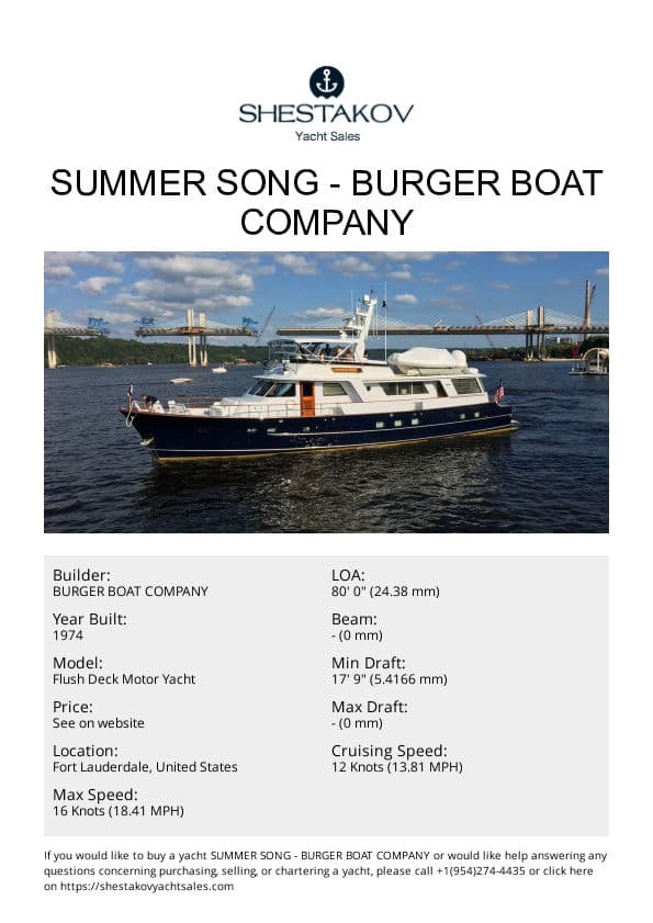 SUMMER SONG - Flush Deck Motor Yacht - 1974