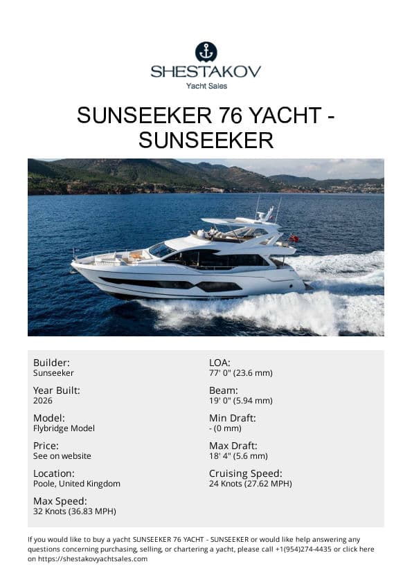 Sunseeker 76 Yacht - Flybridge Model - 2026