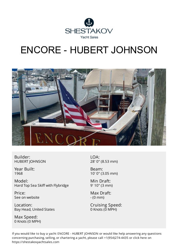 Encore - Hard Top Sea Skiff with Flybridge - 1968