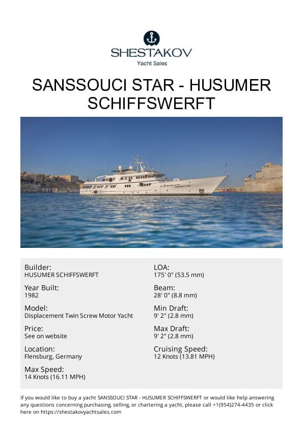 SANSSOUCI STAR - Displacement Twin Screw Motor Yacht - 1982