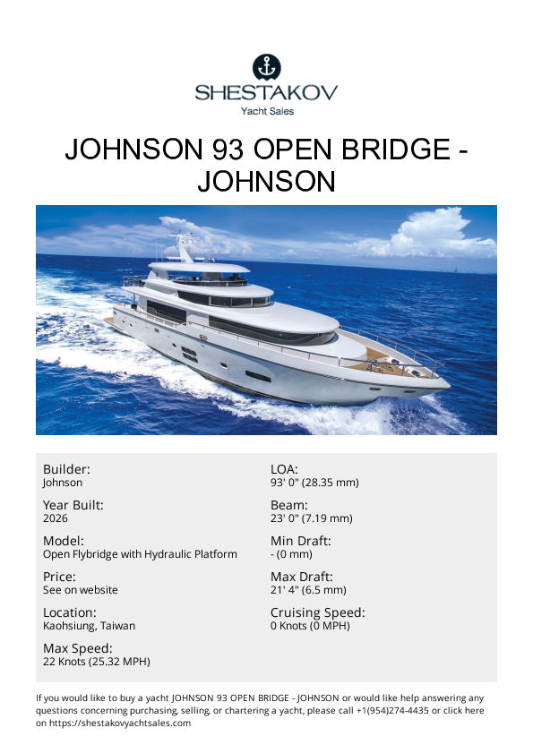 JOHNSON 93 OPEN BRIDGE - Open Flybridge with Hydraulic Platform - 2026