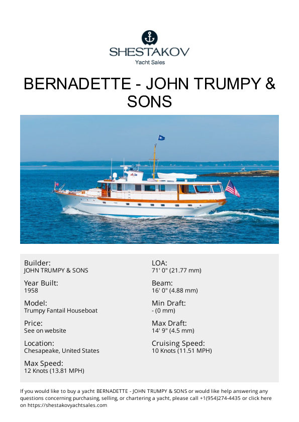 BERNADETTE - Trumpy Fantail Houseboat - 1958