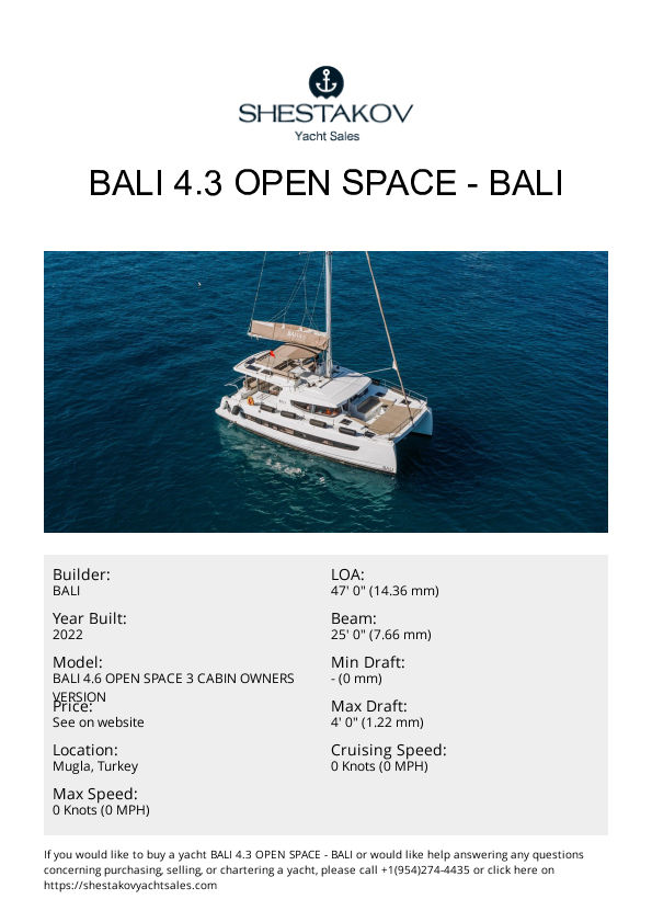 BALI 4.3 OPEN SPACE - BALI 4.6 OPEN SPACE 3 CABIN OWNERS VERSION - 2022