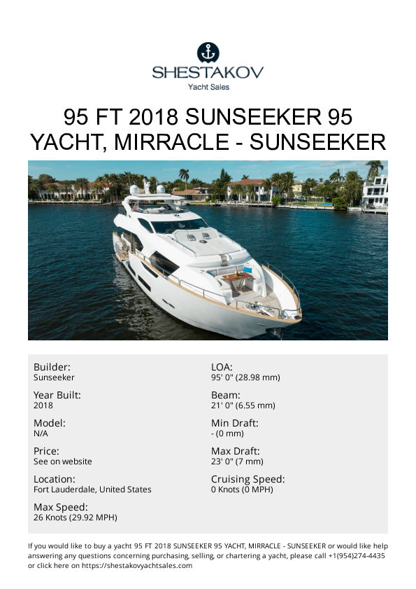 95 ft 2018 Sunseeker 95 Yacht, Mirracle - undefined - 2018