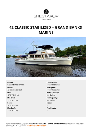 GRAND BANKS MARINE - 42 Classic Stabilized